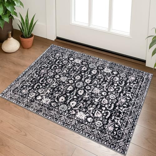 Lansny Vintage Entryway Rug 2x3 Washable, Black and White Kitchen Rug, Super Soft Thin Faux Wool Small Area Rug, Non-Slip Accent Mat for Foyer, Bedroom, Office - color: Black and White, size: 2' x 3' (Rectangular)