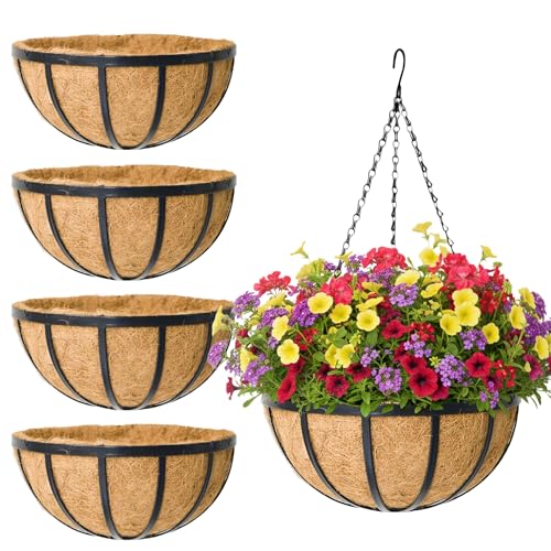 4 Pack 12 Inch Round Hanging Basket with Coco Liners， Metal Hanging Baskets for Plants Outdoor， Hanging Planter with Chain Garden Products for Outdoor, Porch, Lawn, Garden - size: 12 Inch