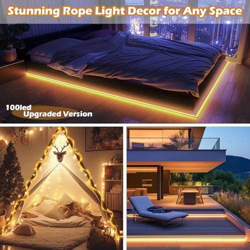 LairtPOW Solar Rope Lights with Remote for Palm Tree,39FT 100LEDs Outdoor Solar Strip Lights for Garden,IP67 Waterproof,USB Charging, Timing & 8 Modes Larger Tube Fairy Light for Christmas(Warm White) - color: Brighter-Warm White, size: 100 LED