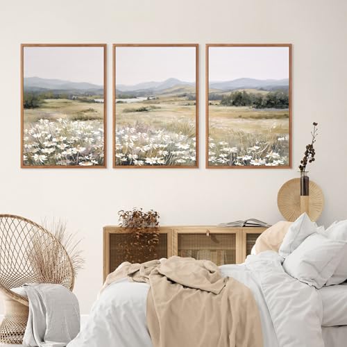 KAIRNE Landscape Canvas Wall Art,Boho Floral Prints Set of 3(16”X24”),Flower Garden Paintings,Wildflower Field Scene Wall Decor,Botanical Art for Living Room Bedroom Kitchen Farmhouse Decor,Framed - color: Boho Floral(medium), size: 16"Lx24"W