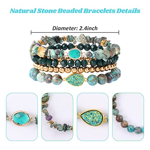 Bohemian Natural Stone Beaded Bracelets for Women Men Stackable Stretch Beads Bracelet Set with Charm and Tassel Multilayered Elastic Gemstone Bracelets Summer Beach Boho Jewelry Gift for Women - color: African Turquoise Green