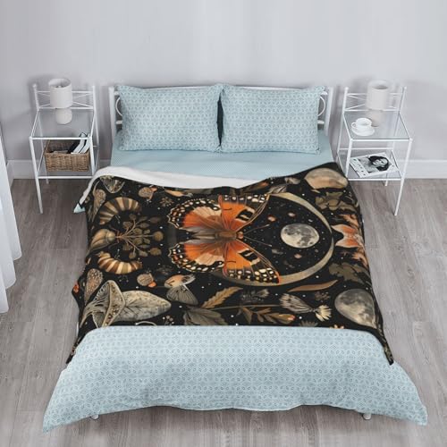 Orange Butterfly Moon Flower Throw Blanket, 320gsm Boho Mushroom Blanket Fluffy Cozy Soft Warm Plush Decorative Gifts for Women Men Kids, Blankets Quilt for Bed Sofa Chair Couch (50"x40") - color: Mushrooms Butterfly, size: 50"x40"