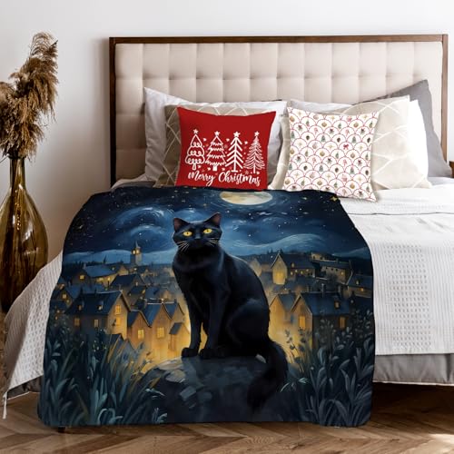 Starry Night Moody Black Cat Throw Blanket for Couch, Cat Blanket for Women Lovers, Mystical Celestial Black Kitten Throw Blankets for Bedroom Living Room Home Decoration, 50x60 Inches - color: Color_11