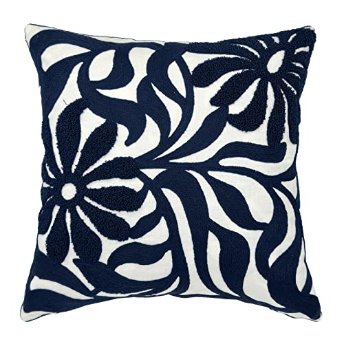 Alysheer Farmhouse Floral Leaves Embroidered Decorative Throw Pillow Cover 18x18 inches, Boho Tufted Flowers Embroidery Pattern Chic Cotton Cushion Case for Couch Bed Sofa Living Room(Navy Blue) - color: Navy Floral, size: 18" x 18" (Pack of 1)