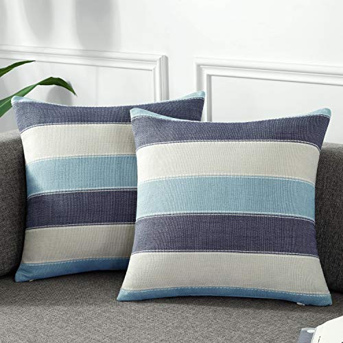 AmHoo Pack of 2 Farmhouse Stripe Check Throw Pillow Covers Set Case Cotton Linen Decorative Pillowcases Cushion Cover for Couch Bench Sofa 20x20Inch Blue Beige - color: Blue Beige, size: 20" x 20" (Pack of 2)