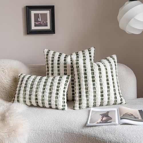 Caflife Boho Lumbar Pillow Covers 14x36 Inch Long, Farmhouse Green Striped Textured Chenille Decorative Couch Pillow Cases, Rustic Accent Cushion Covers for Sofa Bed Living Room Bedroom, Pack of 1 - color: Green, size: 36" x 14" (Pack of 1)