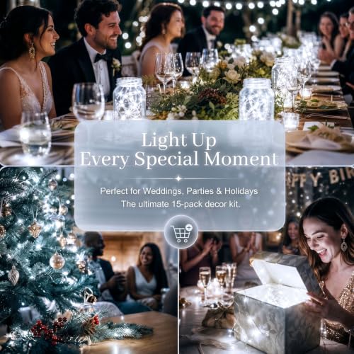 DomeStar 15Pack Fairy Lights Battery Operated, 7Ft 20 LED Waterproof String Lights Wire Firefly Starry Moon Light for DIY Mason Jars Party Centerpiece Table Valentine's Day Decorations Tree Ornament - color: Cool White, size: fifteen