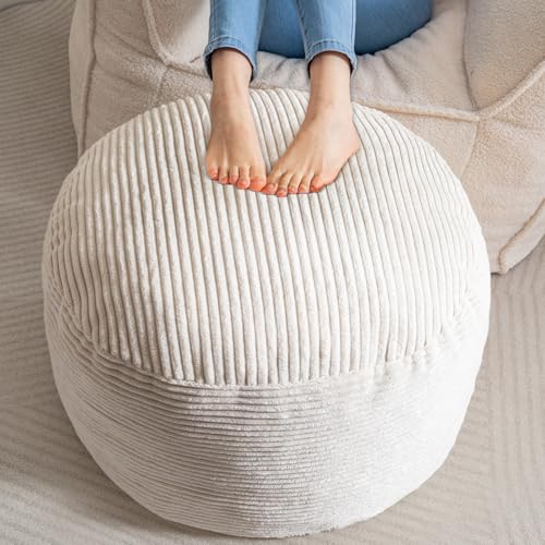 HIGOGOGO Round Stuffed Pouf Ottoman, Corduroy Poufs with Foam Chunk Filling, Furry and Fluffy Pouf Foot Stool Storage Ottoman, 26 X 18 Floor Poufs Foot Rest for Living Room, Beige - color: Beige, size: 26"D x 26"W x 18"H
