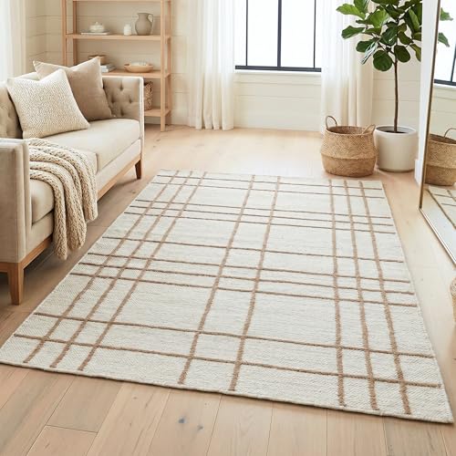 Homespice Faye Jute Geometric Area Rug 4x6' - Cotton Backed Premium Handmade Neutral Plaid Rug for Bedroom and Office, Lays Flat, Won't Fray or Shed, Soft Linen White with Beige Windowpane - color: Faye, size: 4' x 6' (Rectangular)
