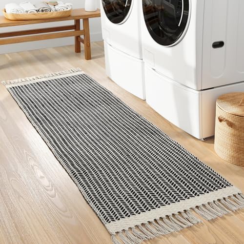 Lahome Belle Boho Hallway Runner Rug, 2x6 Laundry Room Lightweight Entry Woven Cotton Throw Mat with Tassels, Farmhouse Non Shedding Washable Black Low Pile Runner for Kitchen Bathroom - color: Black, size: 2' x 6' (Runner)
