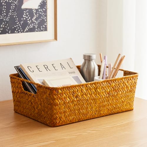 Seagrass Storage Basket with Handles, Stackable Woven Baskets Bins Container for Organizing Shelves Bedroom Living Room, Set of 3, Natural - size: 3pcs Large