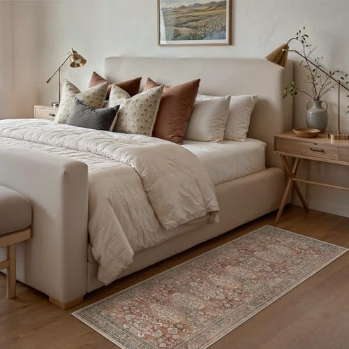 Bavni Washable Runner Rug 2x7, Non Slip Long Hallway Rug, Vintage Print Low Pile Ultra Thin Washable Carpet for Kitchen Bedroom, Brick - color: Brick, size: 2' x 7' (Rectangular)