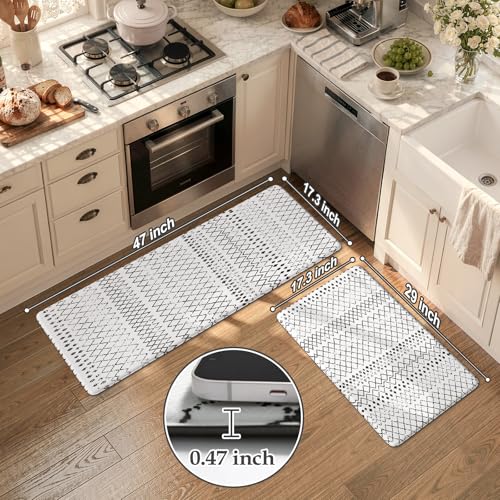 KIMODE Kitchen Mats 2PCS,Cushioned Anti Fatigue Kitchen Rugs and Mats,Non Skid Waterproof Kitchen Mats for Floor,Comfort Foam Standing Mat for Home Decor, Office,Sink,Laundry Room,Desk,Black and White - color: Black and White Diamond, size: 17.3" x 47 "+