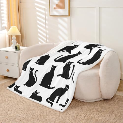 Feelyou Cat Throw Blanket Black Cat Soft Fleece Sherpa Cozy Fuzzy Plush Warm Cats Print Fuzzy Plush Throw Cute Kitten Twin 60"x80" Cats Lover's Gift for Bed Couch Living Room - color: Black White, size: Twin