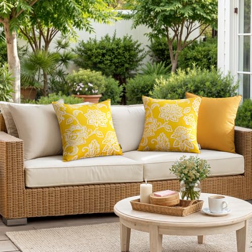 Decorative Outdoor Floral Pillow Covers Set of 2,Waterproof Boho Farmhouse Throw Pillows Summer Accent Pillowcases for Patio Furniture Garden Sofa 18x18 Inch, Yellow - color: Yellow