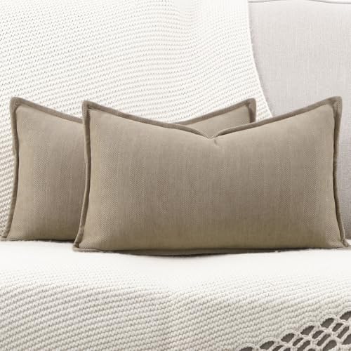 MADIZZ Textured Chenille Throw Pillow Covers Pack of 2 Natural Soft Decorative Accent Pillowcases Boho Neutral Couch Throw Pillow for Bed Home Decor for Sofa Livingroom 12x20 inch Light Taupe - color: Light Taupe, size: 20" x 12" (Pack of 2)