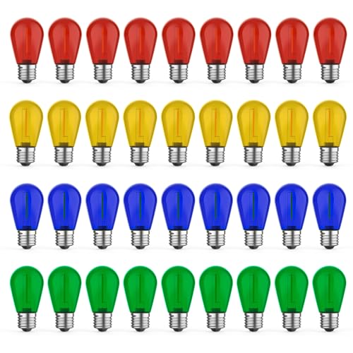 GvvooHome 36 Pack LED S14 Colored Light Bulbs for Outdoor String Lights, Shatterproof 1W Replacement Bulbs for Party Lights, 2200K Warm White, Dimmable, E26 Base, Multi-Color: Red/Green/Blue/Orange - color: Multi-colored, size: 36 Pack
