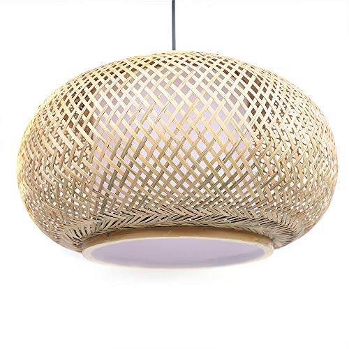 Handmade Woven Bamboo Pendant Lighting Antique Rattan Single Lantern Ceiling Hanging Light Natural Wooden Ceiling Fixture with Adjustable Cord for Living Room Restaurant Bedroom - size: 23.5 Inch