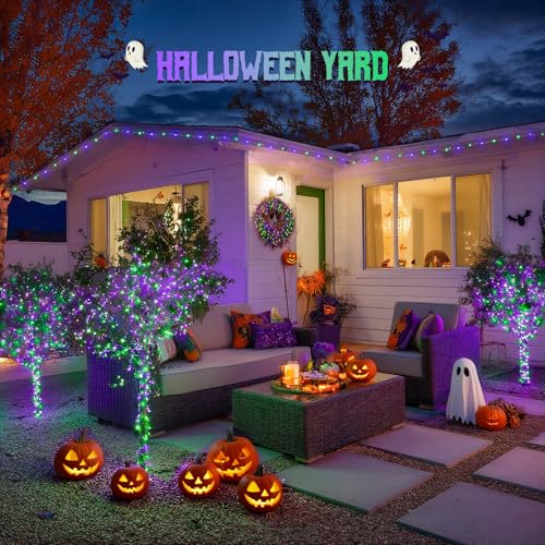 JMEXSUSS 200 LED Purple and Green Fairy Lights Plug in, 8 Modes Halloween Lights Indoor Outdoor with Wheel, 66 ft Remote Control Christmas Fairy Lights for Halloween Xmas - color: Purple Green, size: 66FT 200LED