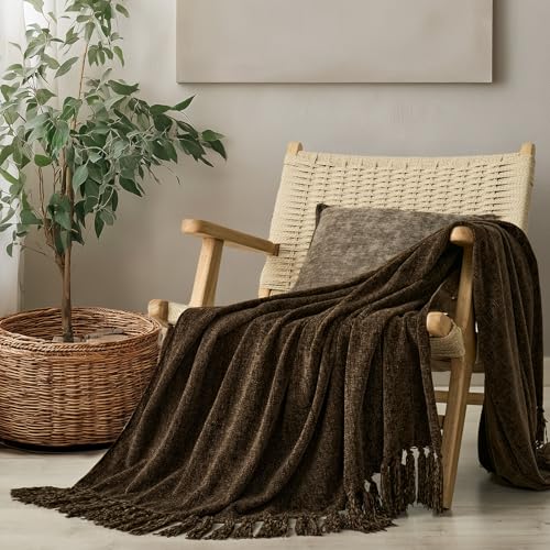 EverGrace Soft Chenille Throw Blanket for Couch, Cozy Plush Fuzzy Decorative Chenille Knit Throw Blanket with Tassels, Lightweight Blanket and Throws for Bed Sofa Gift Home Decor, Dark Brown 60"x80" - color: Dark Brown, size: 60"x80"