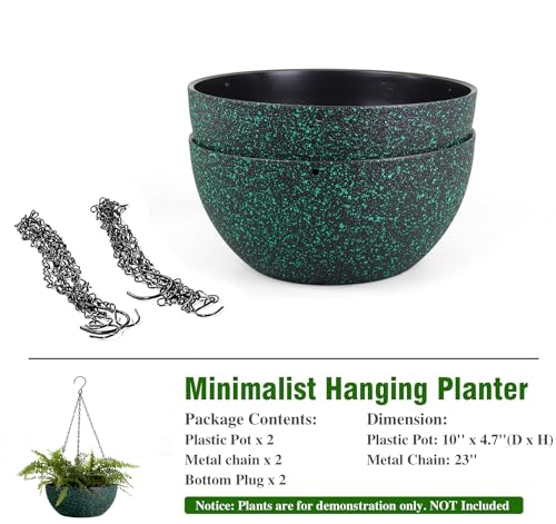 WSMKSZ 10inch Hanging Planters for Outdoor Indoor Plants with Drainage Holes and Chain, 2 Pack Round Hanging Flower Pots for Garden Home Porch Decor, Black with Green Speckles - color: Black With Green Speckles, size: 10inch 2pcs