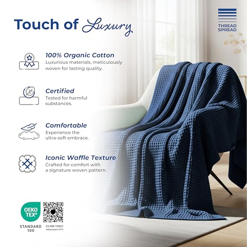 THREAD SPREAD 100% Cotton Waffle Twin Size Blanket for Bed - Soft Lightweight Breathable Waffle Weave Twin Blanket for All Season, Textured Throw Blankets for Bed, Sofa, Hotel, Hospital - Navy Blue - color: Waffle - Navy Blue, size: Twin / Twin XL