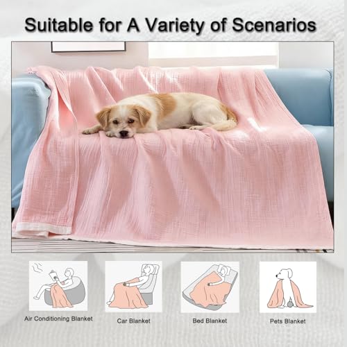 100% Cotton Muslin Blanket 60"x80", Pink Throw Blankets for Couch Bed Sofa Chair, 4-Layer Soft Cozy Quilt Travel Blanket, Farmhouse Decor,All Seasons - color: Pink