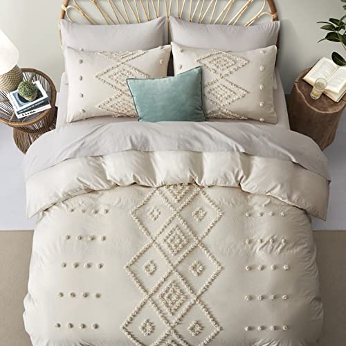 Oli Anderson Tufted Duvet Cover Queen Size, Soft and Lightweight Duvet Covers Set for All Seasons, 3 Pieces Boho Embroidery Shabby Chic Bedding Set (Beige, Queen, 90" x 90") - color: Beige, size: Full/Queen(90"×90")