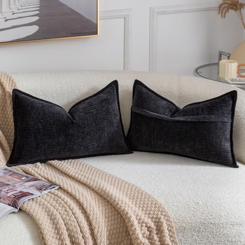 MADIZZ Pack of 2 Decorative Throw Pillow Covers Soft Chenille Throw Pillows Solid Textured Cushion Covers for Couch Sofa Bedroom Living Room 20x12 Inch, Black - color: Black, size: 20" x 12" (Pack of 2)
