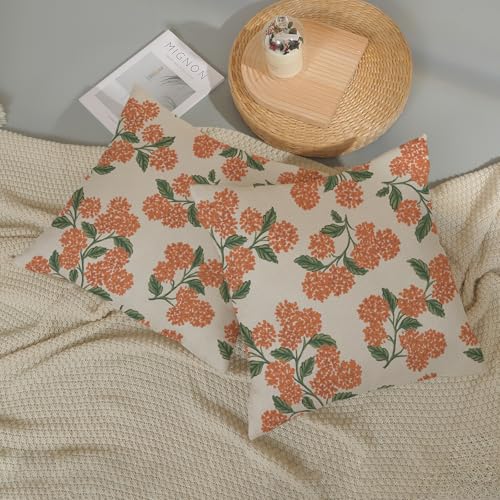 Fall Burnt Orange Pillow Covers 16x16 Inch 2 Pcs Green Hydrangea Flower Decor Throw Pillows Vintage Floral Seasonal Autumn Outdoor Decoration Pillowcase Linen Cushion Cover for Couch Sofa - color: Burnt Orange Hydrangea, size: 16" x 16" (Pack of 2)