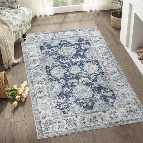 jinchan Fiora Floral Area Rug 3x5, Distressed Vintage Floral Washable Rug with Low-Pile Surface and Non-Slip Backing, for Bedroom Nursery Reading Corner Home Office and Small Living Spaces, Dark Blue - color: Distressed Dark Blue, size: 3' x 5' (Light Wei