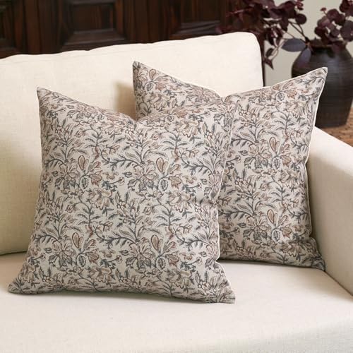 Amor Virisso Floral Throw Pillow Covers 24x24 Set of 2 Vintage Block Print Pillow Covers Decorative Pillow Covers Couch Pillows for Living Room Farmhouse Accent Sofa Pillows, Green/Sand - color: Green/Sand, size: 24" x 24" (Pack of 2)