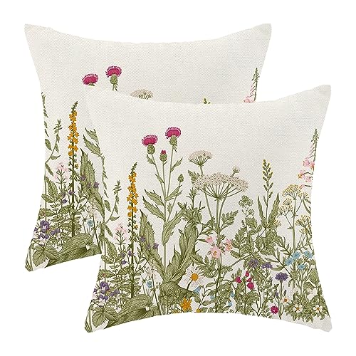 AEIOAE Sage Green Pillow Covers 16x16 Inch Set of 2, Spring Wildflower Plant Throw Pillows Case,Seasonal Floral Outdoor Decorative Flowers Farmhouse Decor Cushion Covers for Home Sofa Bed Couch - color: Wildflowers 01, size: 16" x 16" (Pack of 2)