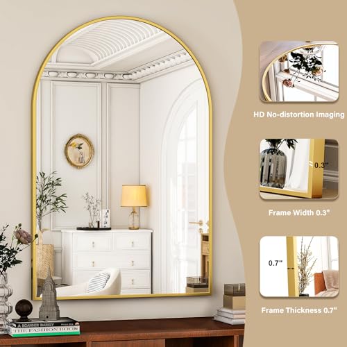 HARRITPURE Arched Bathroom Mirror - 30"x40" Gold Large Wall Mounted Vanity Mirror Aluminum Alloy Frame Arch Wall Mirror for Living Room, Bedroom and Entryway - color: Gold-1pcs, size: 40"L x 30"W