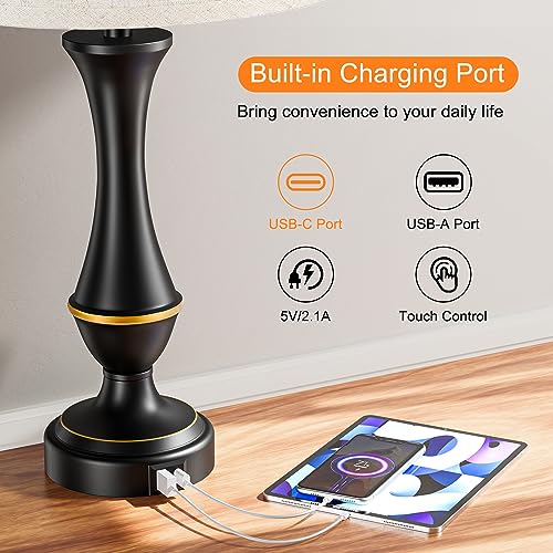 Seealle Upgraded Touch Lamps for Night Stands Set of 2 - Bedside Lamps with USB C+A, 3 Way Dimmable for Bedroom Living Room End Tables Office - color: A. Beige Shade & Black Base, size: Medium（22 In）