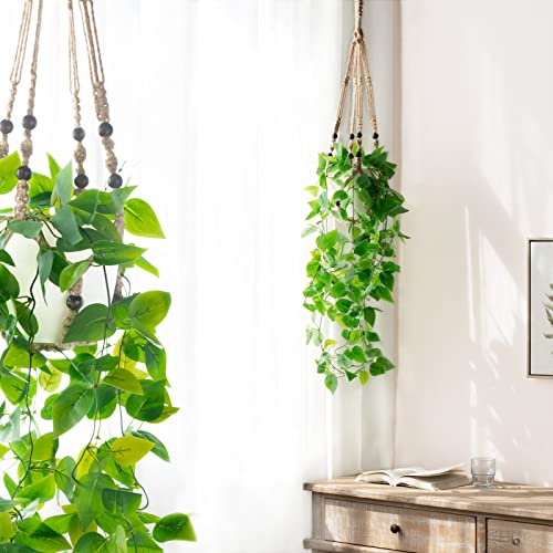 Mkono 2 Packs Fake Hanging Plant with Pot, Artificial Plants for Home Decor Indoor Macrame Plant Hanger with Faux Vine Hanging Planter Greenery for Bedroom Bathroom Office Decor, Brown (Pothos) - color: Brown