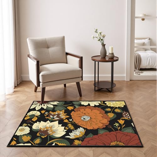 Tyrot Black Boho Floral Rug 2x3, Washable Ultra-Thin Flat Woven Botanical Area Rug, Low Pile Non Slip Indoor Rug for Entryway, Kitchen, Bathroom, Bedroom - color: Warm Ember, size: 2' x 3' (Rectangular)