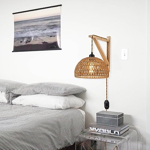 KAMTAT Boho Rattan Wall Sconce Plug in Hanging lamp Hand Woven Plug in Wall Sconces Rattan Rope Wall Light Farmhouse Wall Mounted Light Boho Wall Sconces Wall Lighting for Bedroom Living Room(1PK)