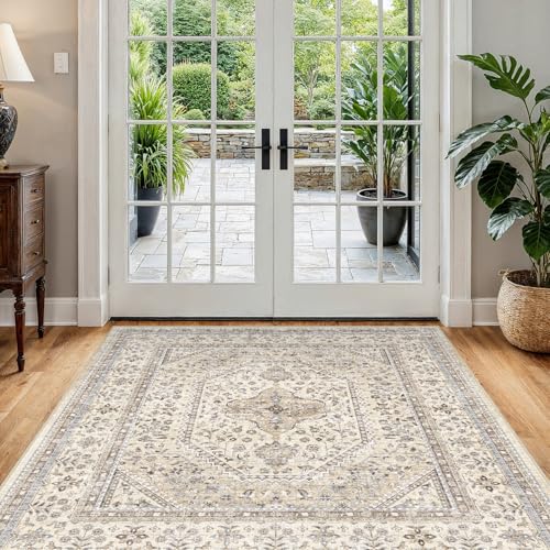 4X4 Square Rug for Living Room - Washable Kitchen Area Rug with Non Slip Rubber Backing for Bedroom Indoor Soft Stain Resistant Carpet Desk Rug for Pet-Friendly and Kitchen Decor Beige/Gray - color: Beige/Gray, size: 4' x 4' (Square)