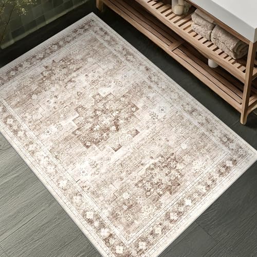 Boho Bathroom Rugs - Washable Non-Slip Soft Low Pile Area Rug for Entryway, Kitchen, and Indoor Spaces - Modern Farmhouse Design, Perfect for Boho Décor (2x3 Beige/Latte) - color: Latte / Beige, size: 2' x 3' (Rectangular)