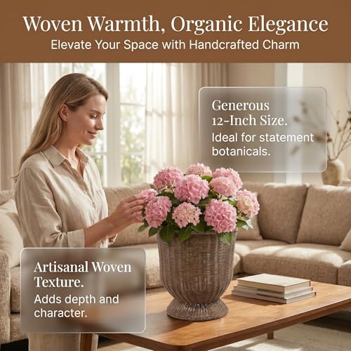 12 Inch Handwoven Boho Wicker Basket, Woven Decorative Storage Basket & Planter for Porch Patio Backyard – Urn Goblet Woven Planter, Wicker Flower Pot, Indoor Outdoor Flower Vase for Home Garden Decor