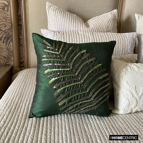 HomeCentric Decorative Dark Green 16x16 inch Silk Throw Cushion - Tropical Designer with Floating Leaf Pattern - color: 3. Dark Green (Floating Leaf), size: 16" x 16" (Pack of 1)