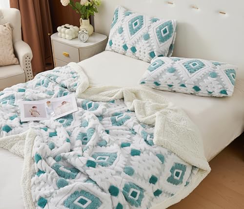 UKELER Boho Throw Blanket 60"x80", Ultra Soft Warm Sherpa Fleece Bohemian Blanket, Hollow Jacquard Fluffy Plush Decorative Blanket for Couch Sofa Office Nap Camping, Blue - color: Ab-blue, size: 60x80 Inch