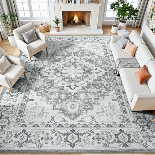 Lessymo Area Rugs 9x12 Living Room- Large Area Rug Machine Washable Area Rug for Bedroom Living Room, Vintage Rugs Boho Floral Medallion, Non-Slip Rubber, Low Pile, Kid & Pet Friendly, Grey White - color: Grey Beige, size: 9' x 12' (Rectangular)