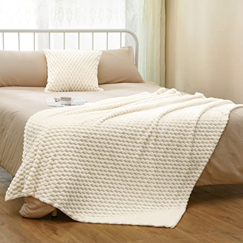 Vessia Flannel Fleece Throw Blanket(50x71inch) with Pillow Cover(18x18Inch), 3D Jacquard Cream Fuzzy Blanket for Couch,Sofa,Bed,Chair, 300GSM Super Soft Cozy Lightweight Throw for All-Season - color: Cream-3d, size: 50x71 inch + Pillow Cover