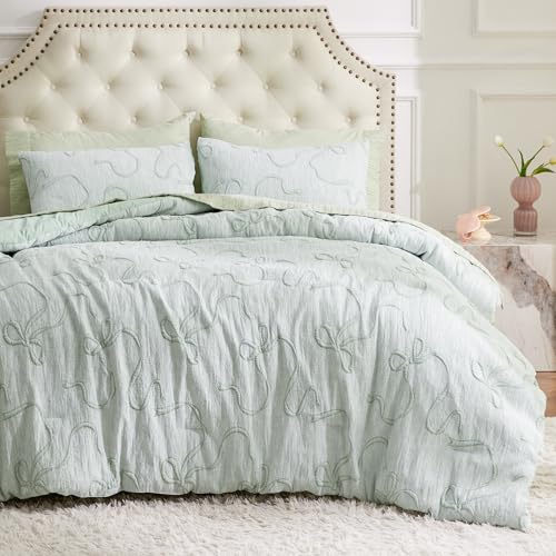 Bedsure Sage Green Comforter Set Queen, GentleSoft™ 3 Pieces Breathable Bow Comforter Set Women Girls with 2 Pillow Shams, Cute Queen Bedding Sets Room Decor Aesthetic Bedroom Decor, 90x90 Inches - color: 01 - Bow Sage Green, size: Queen (90" x 90")