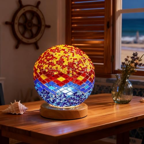 Mediterranean Mosaic Table Lamp Tiffany Style Lights USB Power Dimmable Ambient Lighting Spa Corner/Massage Room Decor Colored Coastal Bedside Lamp for Bedroom(5V 4.72"*5.31") - style: Mediterranean Orange