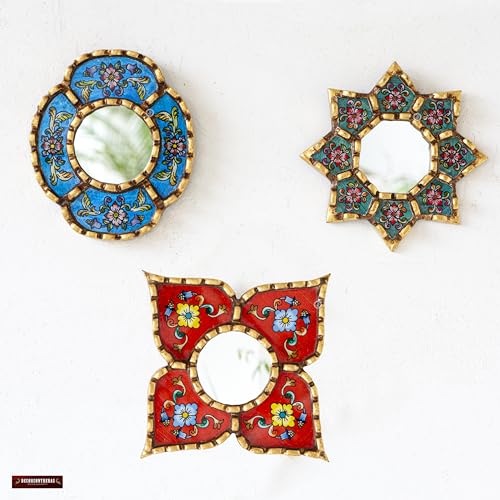 Handmade Small Accent Wall Mirrors Set of 3 | Peruvian Decorative Mirrors for Boho, Vintage & Bathroom Wall Decor
