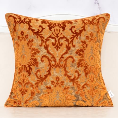 Alerfa Boho Orange Floral Throw Pillow Cover 18x18 Inch Cut Velvet Sqaure Luxury Embroidered Decorative Pillow Cover for Couch Living Room Bedroom - color: Orange, size: 18" x 18" (Pack of 1)