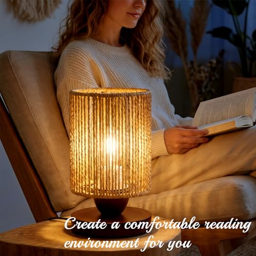Boho Rattan Table Lamp,Handmade Woven Bamboo Wicker Nightstand Lamp,Dimmable LED Wooden Bedside Lamp, Vintage Farmhouse Small End Table Lamp,Soft Warm Light Aesthetic Decor for Bedroom Living Room - style: A